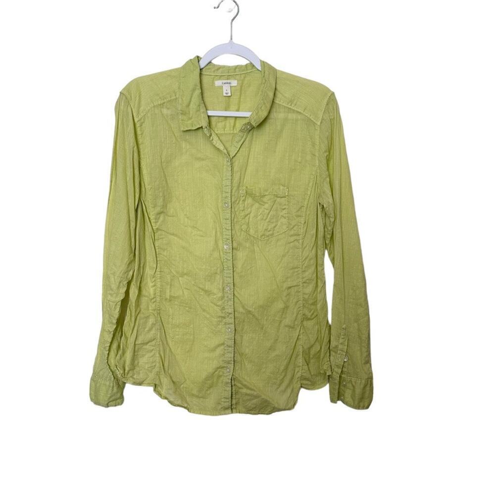 Caslon Collard Long Sleeve Button Up Shirt Women's L Lime Green Lagenlook Sheer‎